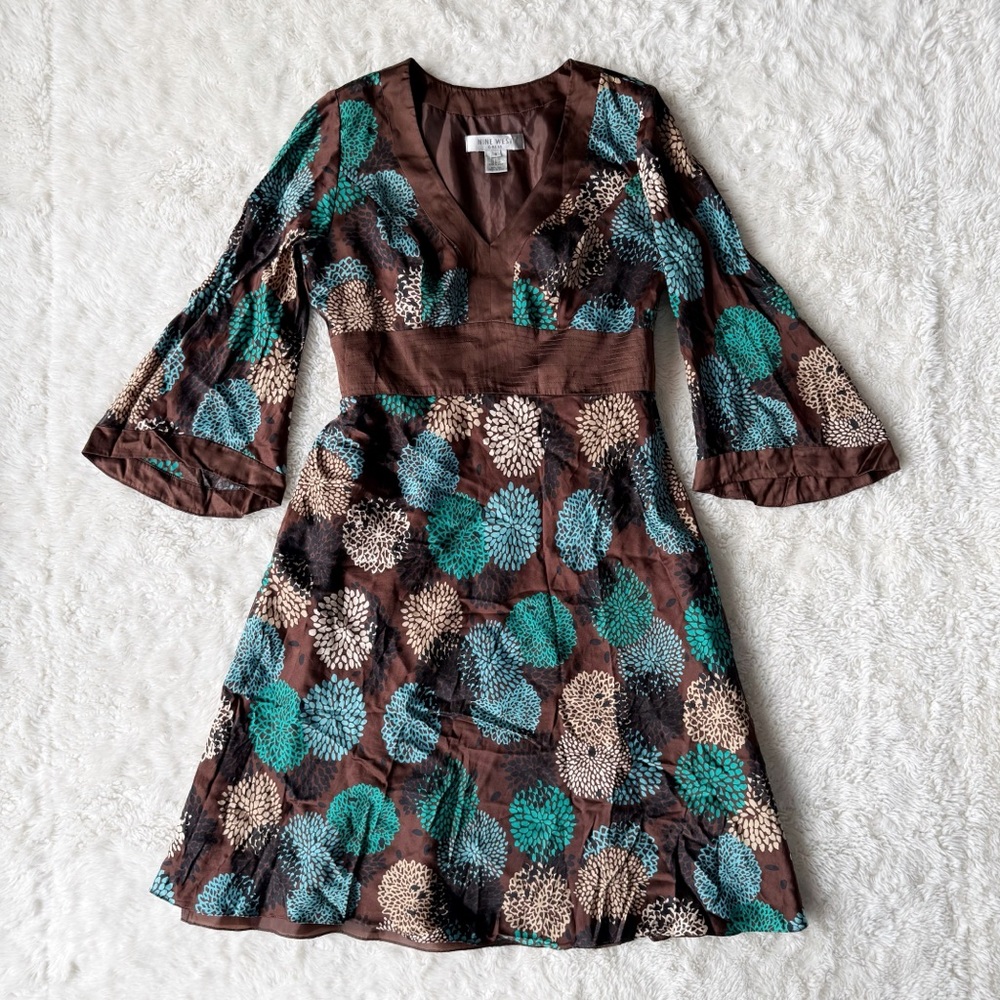 VTG Y2K 90s Nine West Woman Brown Silk Floral V-Neck Flare Sleeve Dress US8 Boho